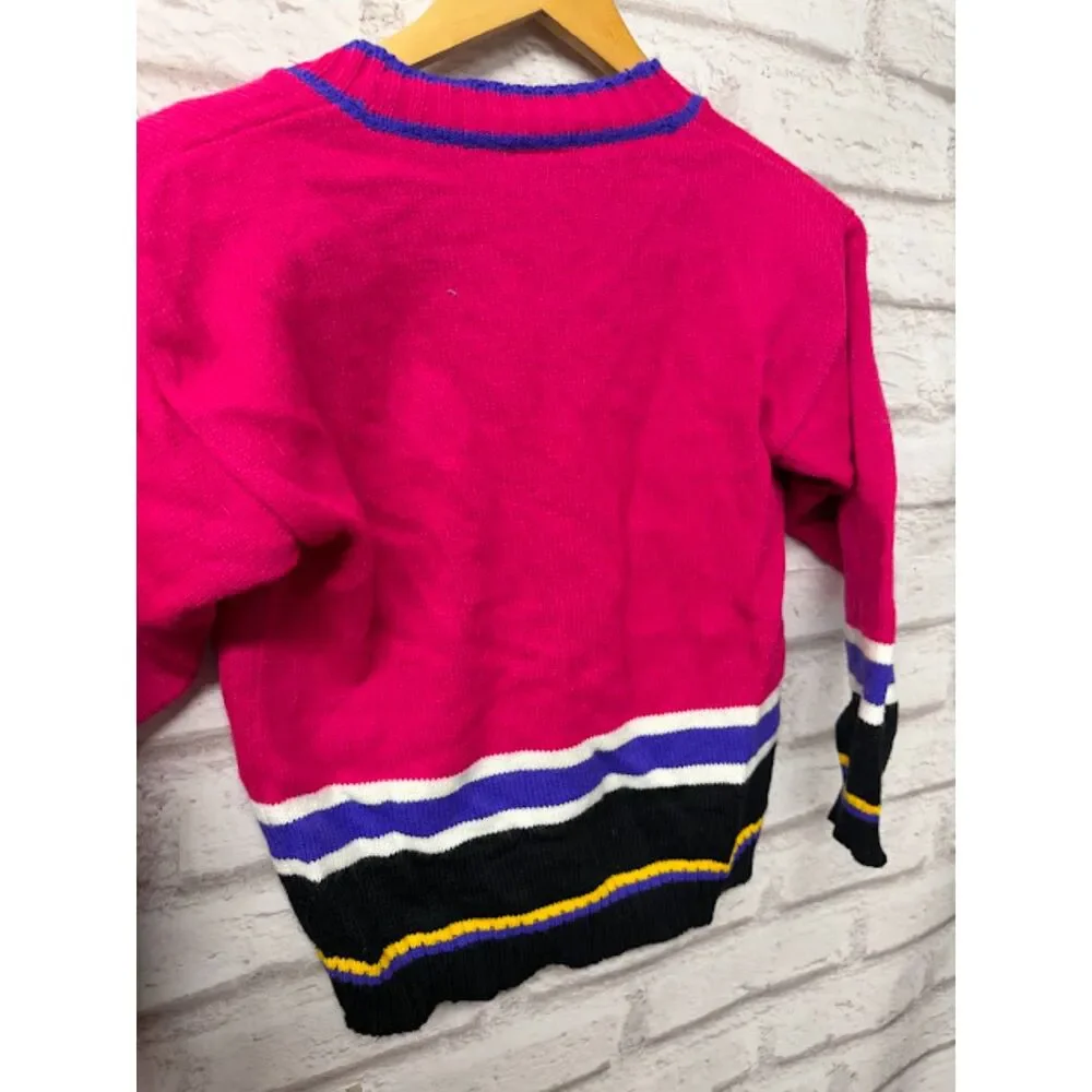 Vintage Girl's Sweater Cardigan Size Small 7/8 Pink Roller Skating Striped 80s